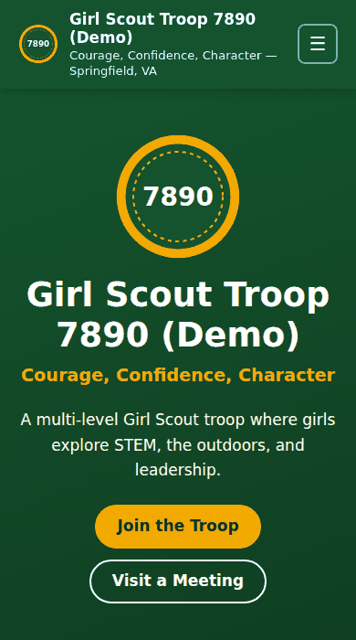 Home page of the Girl Scout troop demo site