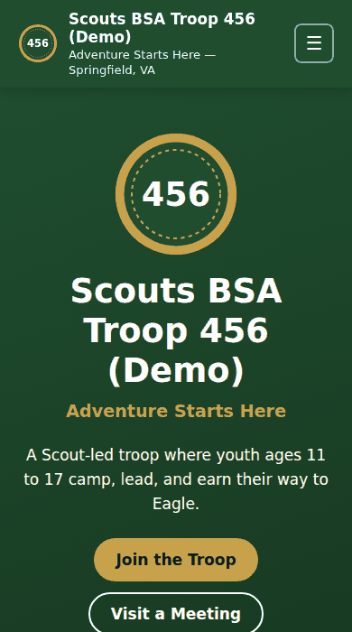 Home page of the Scouts BSA troop demo site