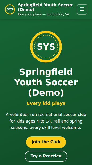 Home page of the youth soccer club demo site