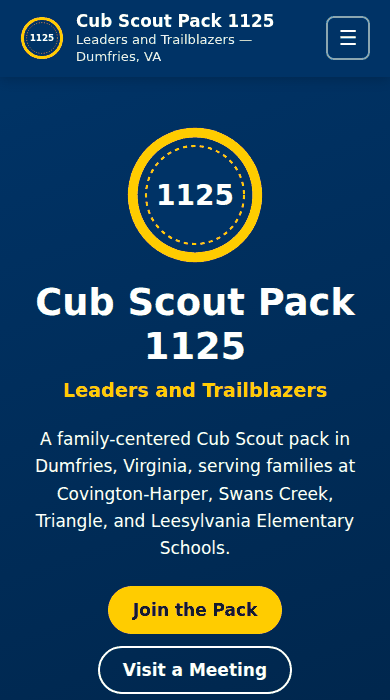 Home page of the Cub Scout Pack 1125 example site
