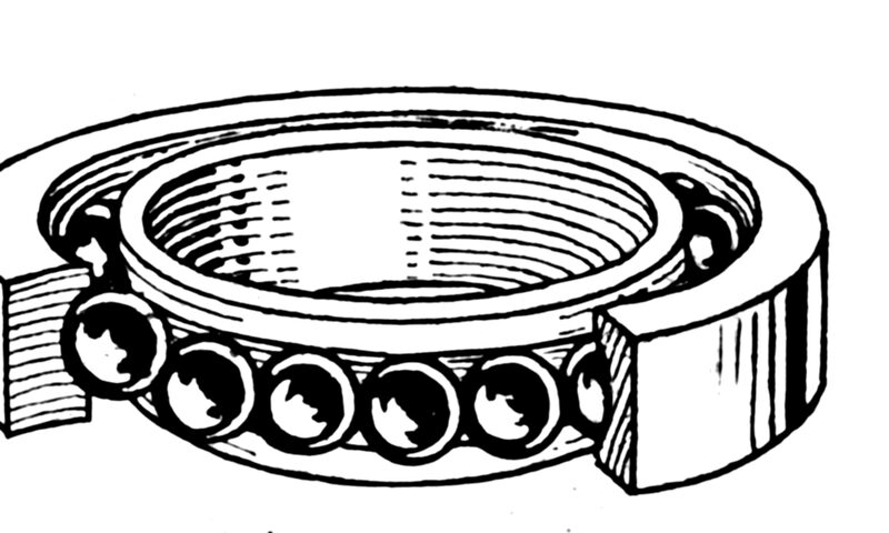 Line drawing of a ball bearing cut open to show the balls between the inner and outer rings
