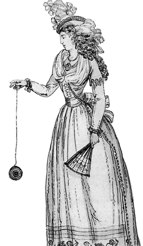 Engraving of a woman in a 1790s gown and tall hat holding a bandalore on a string