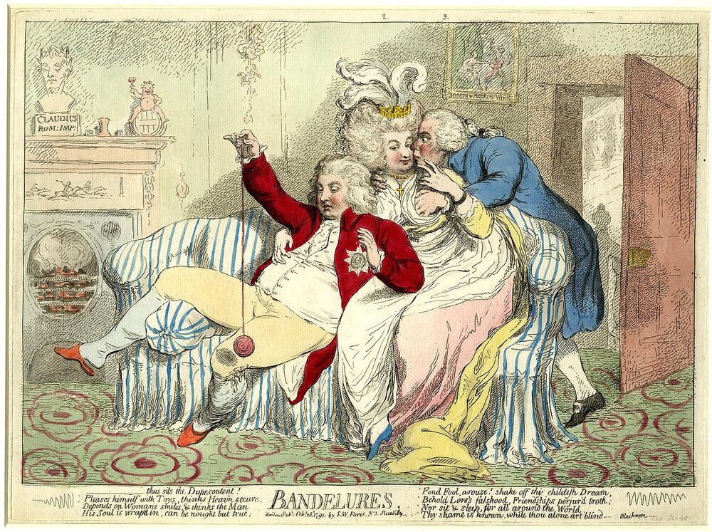 Hand-colored 1791 caricature of the Prince of Wales lounging on a sofa playing a bandalore beside Mrs. Fitzherbert