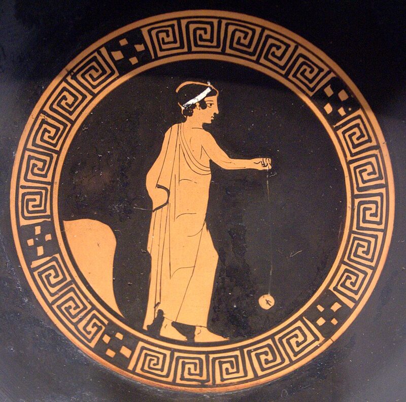 Ancient Greek red-figure painting of a boy holding a yo-yo on a string