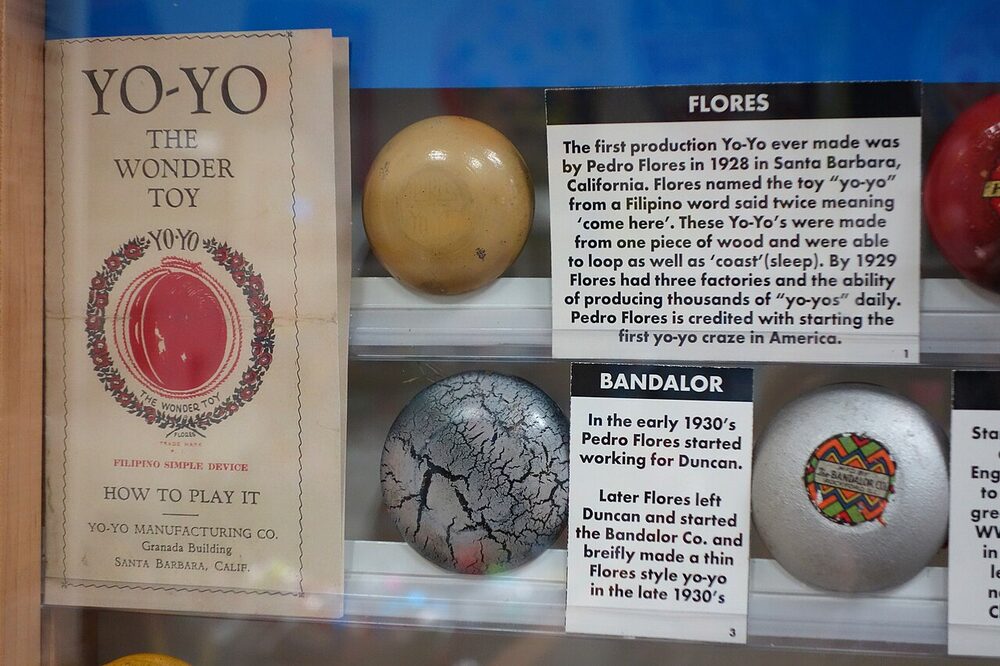 Museum display case with old wooden yo-yos, a Yo-Yo the Wonder Toy booklet, and labels about Flores and Bandalor