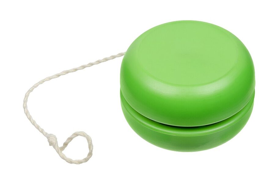 A green plastic yo-yo with rounded classic imperial-style halves and a cotton string