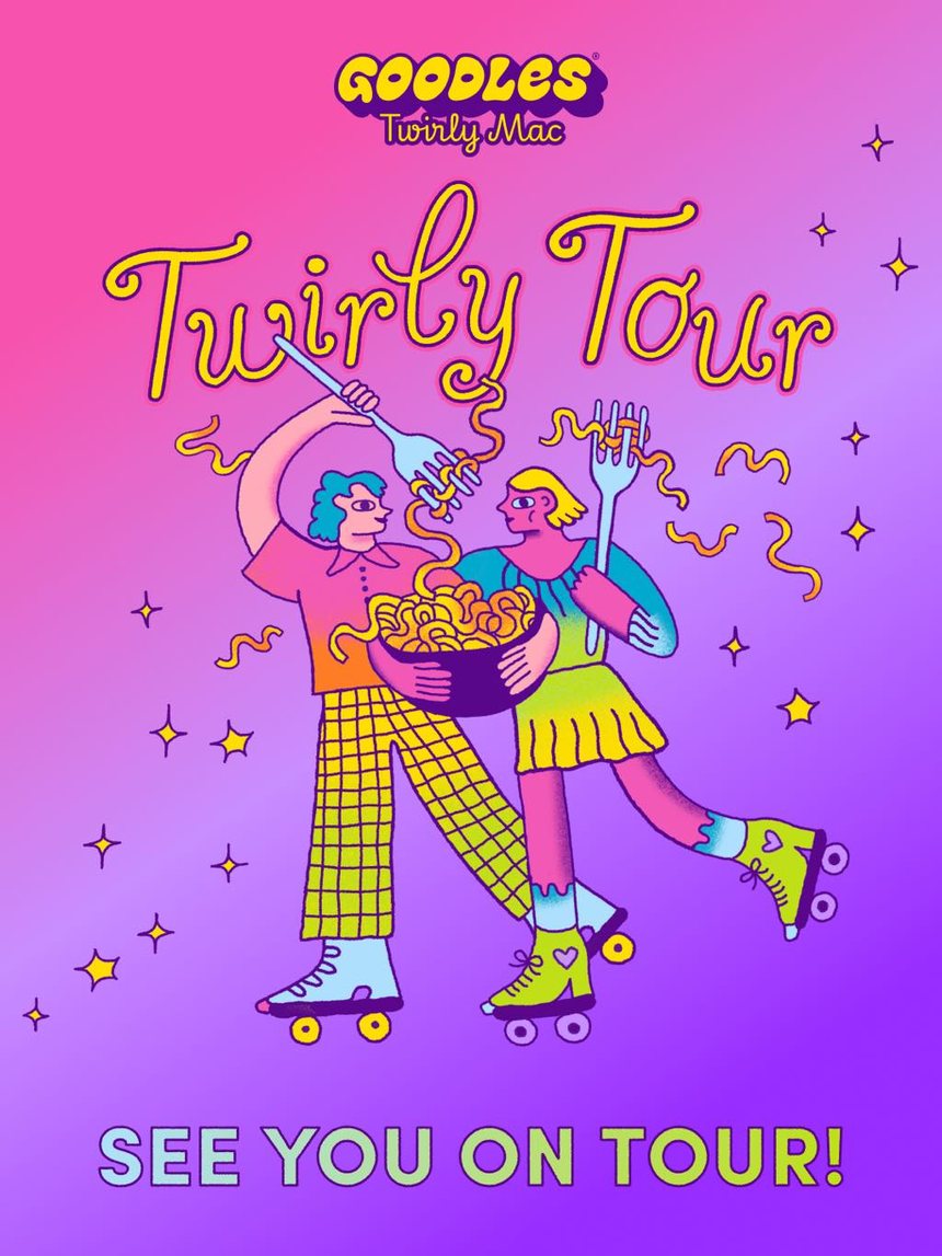 Twirly Tour illustration of two skaters sharing a bowl of mac and cheese