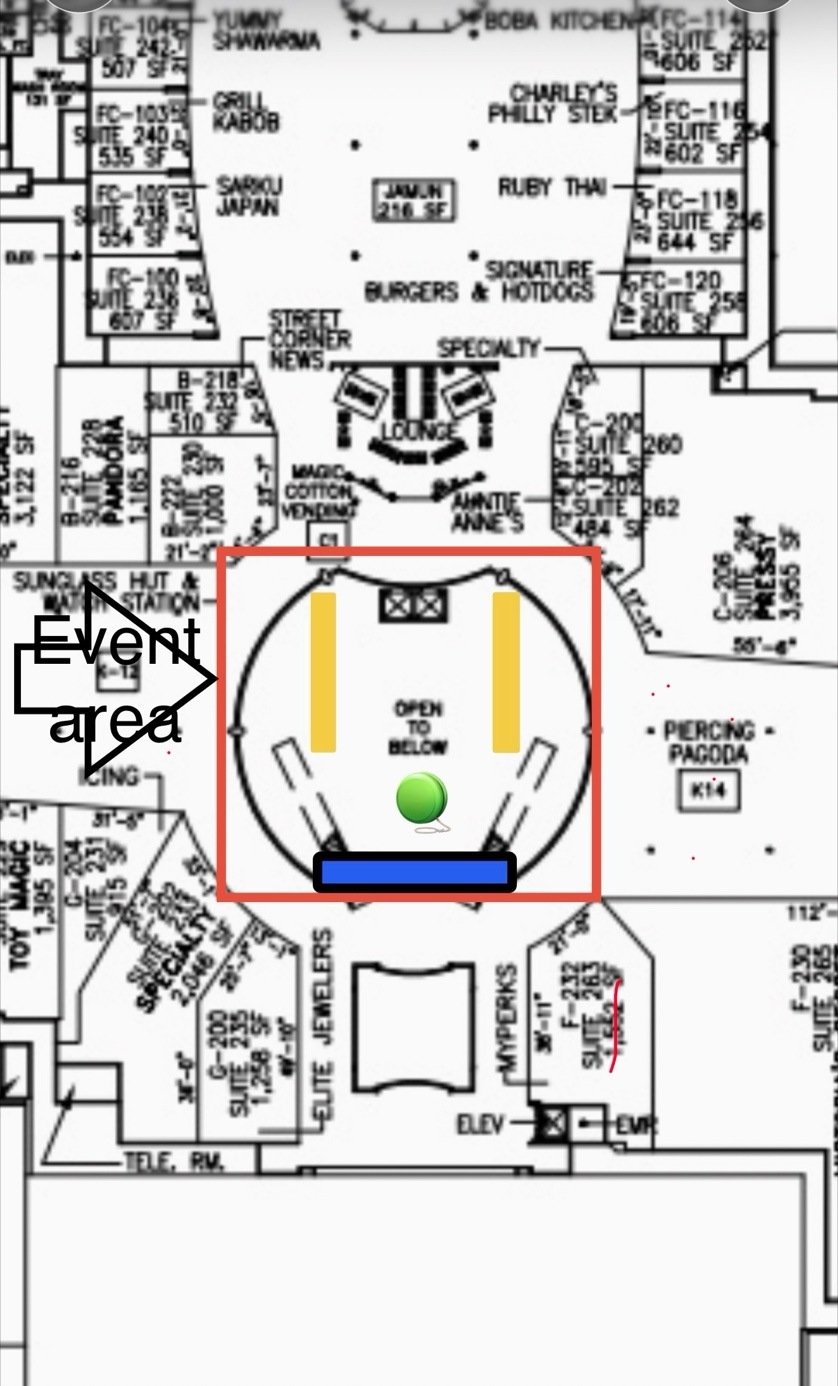 Annotated event footprint map showing stage and vendor table positions