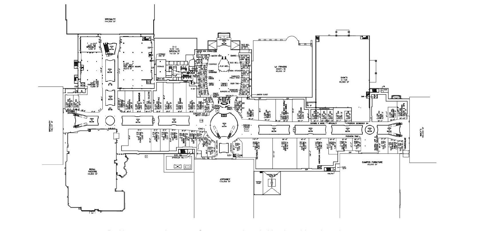 Architectural floor plan of Dulles Town Center lower level