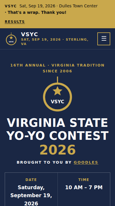 Home page of the Virginia State Yo-Yo Contest 2026 example site