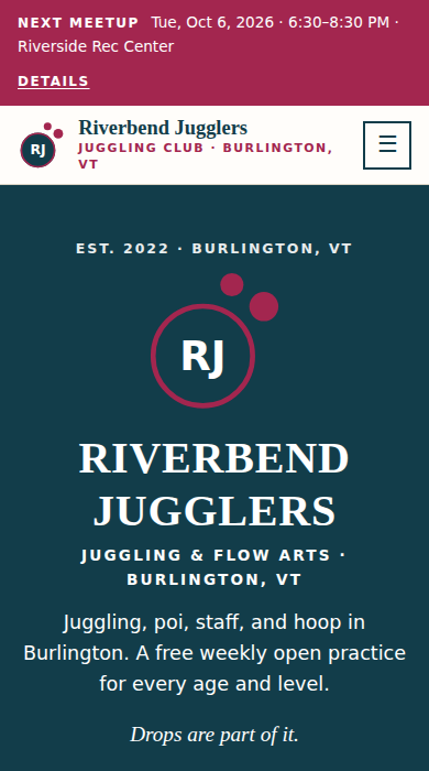 Home page of the juggling and flow arts club demo site