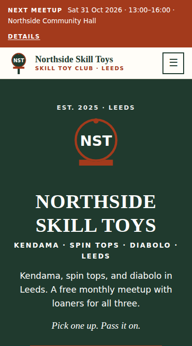 Home page of the kendama, spin top, and diabolo club demo site