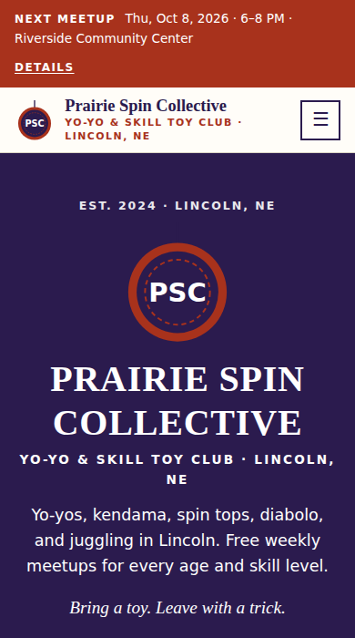 Home page of the skill toy club demo site