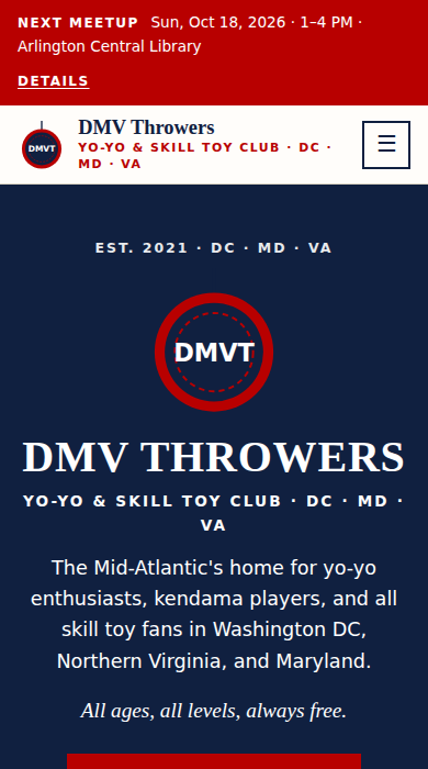 Home page of the DMV Throwers example site